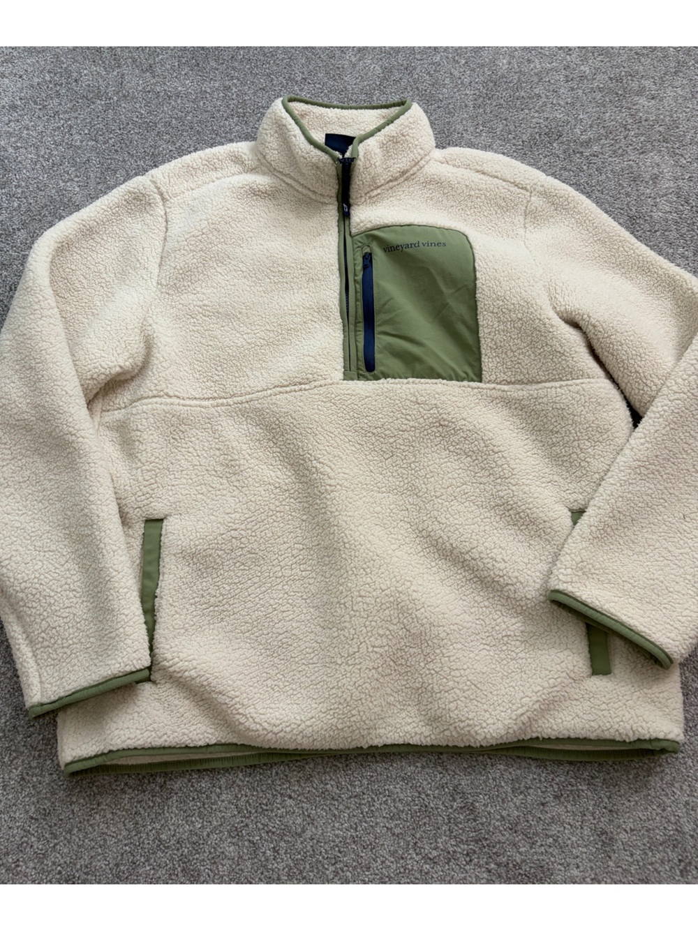 Vineyard Vines Cream Sherpa Pullover with Navy Label